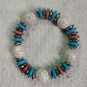 Faux turquoise white blue pink silvertone stretch Bangle bracelet